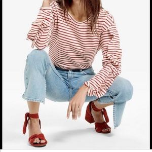 Lucky Brand striped re cream ruffle sleeve top L